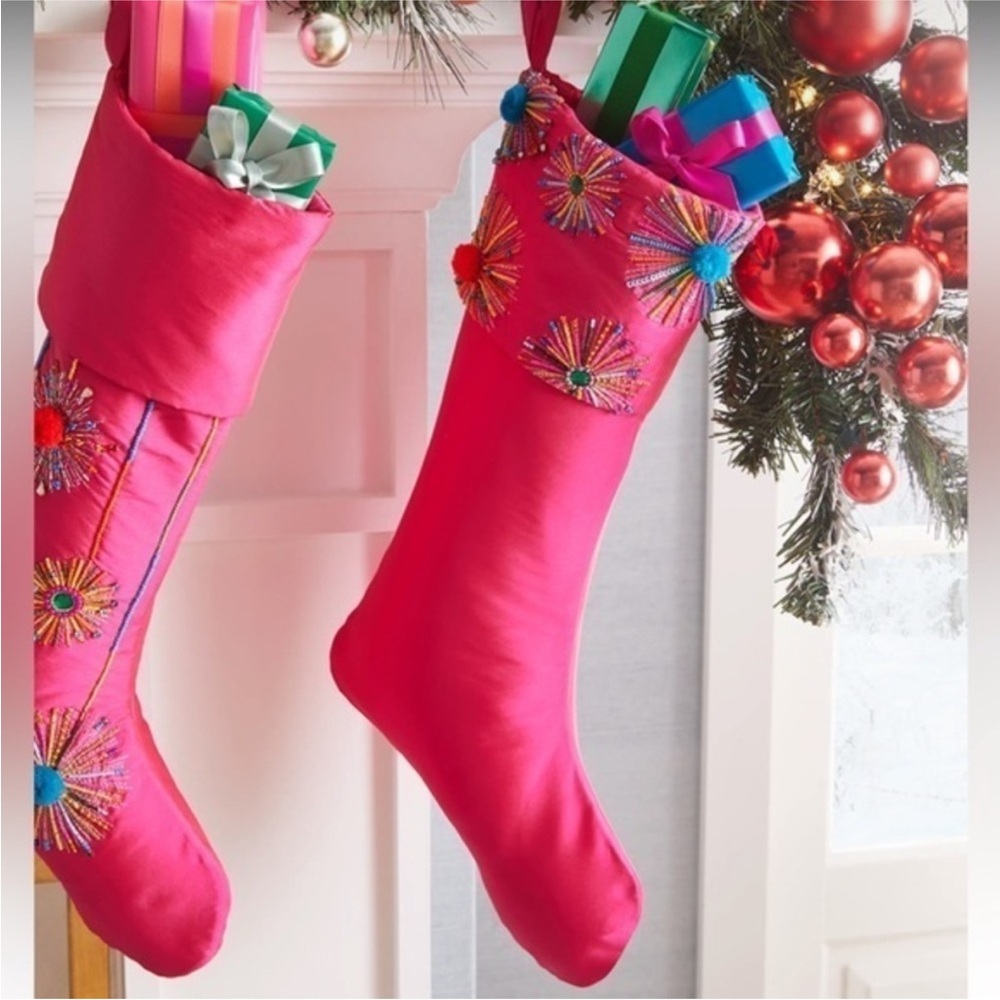 NWT Bright Holiday Pom Pom Cuff Neiman Marcus Christmas Stocking Pink